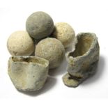 Musket Balls And Powder Measure. Circa 17th century. Lead balls, 18.32 mm. Powder measures, 26.27