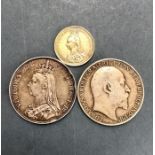 Crowns Victoria Jubilee 1892, Edward VII 1902 & a 1887 guilt Shilling.