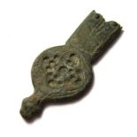Medieval Strap-End.  Circa 14th century AD. Copper-alloy, 7.18 grams. 43.83 mm. Formed of a