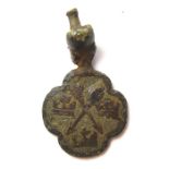 Medieval Heraldic Pendant. Circa 14th century AD. Copper-alloy, 18.00 grams. 51.38 mm. A complete