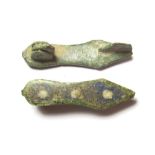 Roman Slipper Brooch.  Circa 2nd century AD. Copper-alloy, 3.67 grams. 35.30 mm. A copper alloy