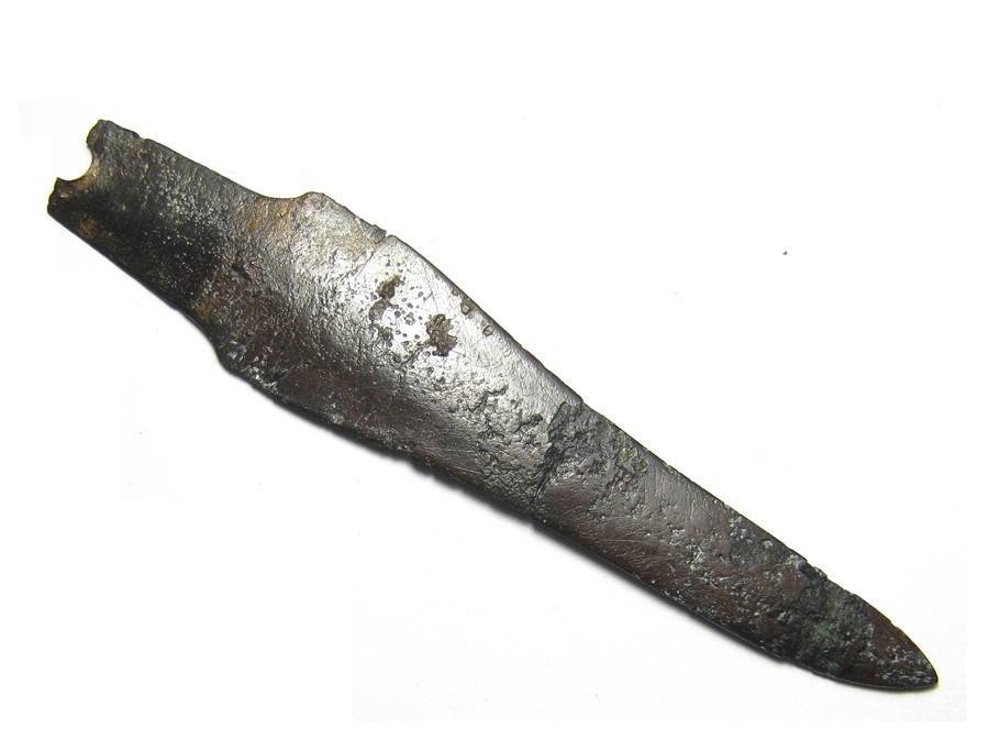 Bronze Age Dirk.  Circa, 1400 - 1100 BC. Bronze, 13.21 grams. 101.13 mm. A Middle Bronze Age - Image 2 of 3