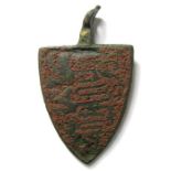 Medieval Heraldic Pendant. Circa 14th century. Copper-alloy, 13.62 grams, 46.51 mm. A shield-