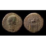 Claudius Sestertius. Circa, AD 41-54. Brass, 26.75 grams. 34 mm. Obverse: Laureate bust right, TI