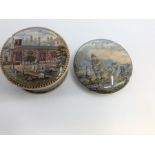 Two Prattware pot lids and bases to include: Chapel Royal Savoy Destroyed by Fire July 7 1864.,