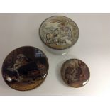 A collection of Prattware pot lid covers to include: A Pretty Kettle of Fish, with title at foot,