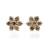 A pair of champagne diamond and 18ct white gold cluster earrings, claw set flower mount, total