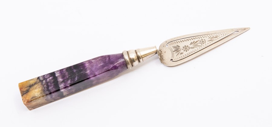 A Blue John and white metal trowel form book mark, the blade engraved with folitae decoration, to