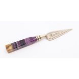 A Blue John and white metal trowel form book mark, the blade engraved with folitae decoration, to