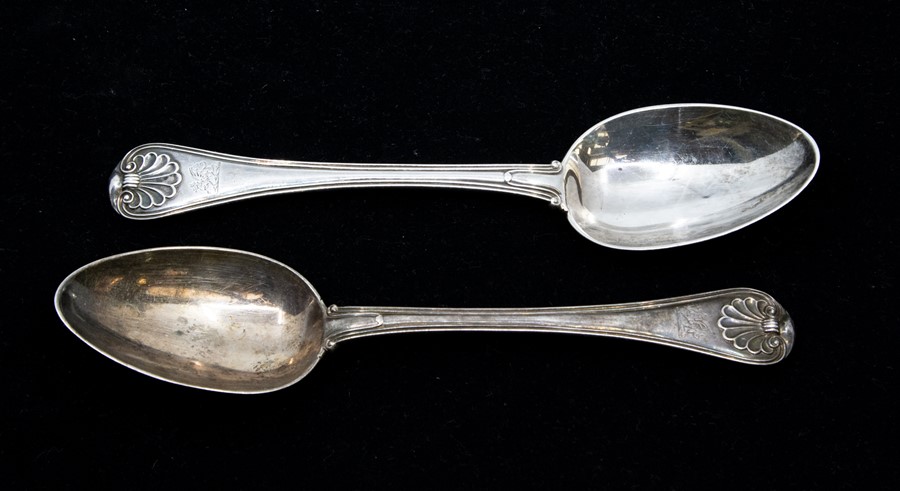 Paul Storr: A pair of George III Old English, thread and shell table spoons, each engraved with a