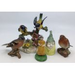 A group of ceramics to include: Beswick Robin 980 and Chaffinch 991; Royal Adderley group of blue