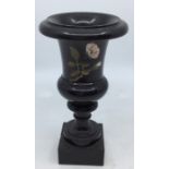 Derbyshire Ashford Marble - a 19th century Derbyshire black marble pedestal urn, inlaid with