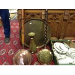 A collection of brass and copperware to include: a Chesnut pan; a bed warmer; a Middle Eastern