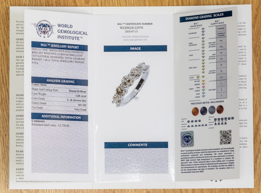 A five stone diamond and 18ct white gold ring, comprising five claw set brilliant cut diamonds - Image 3 of 3