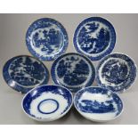 A group of early nineteenth century blue and white transfer-printed chinoiserie saucers, c.1800-