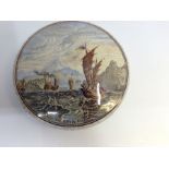 A Prattware pot lid cover depicting and titled: "The Ning Po River" from Jesse Austin's original