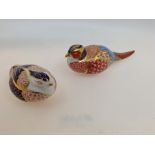 A Royal Crown Derby red pheasant paperweight, gilt stopper and a Partridge paperweight, gilt stopper