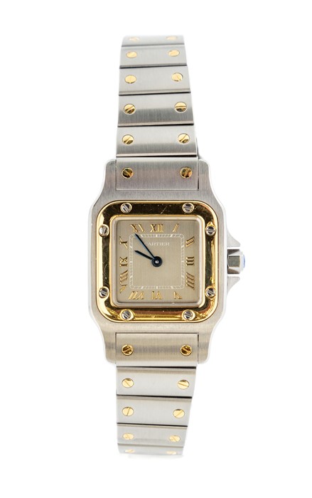 Cartier- a ladies Cartier Santos automatic bi metal wristwatch, square silvered dial with blue hands