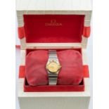 Omega- a ladies Omega constellation bi colour wristwatch, round gold tone textured dial, baton