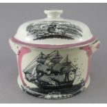 An early nineteenth century transfer-printed black and white Sunderland lustre two-handled butter