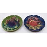 Two Moorcroft coasters - Blue Finch and Green Finch designed by Sally Tuffin, date 1992 and 1996,