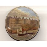 A Prattware pot lid cover depicting and titled "New St Thomas's Hospital" (London), Albert