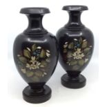 Derbyshire Ashford Marble - a pair 19th century Derbyshire black marble ovoid vases, inlaid with