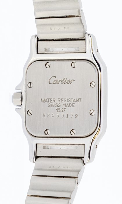 Cartier- a ladies Cartier Santos automatic bi metal wristwatch, square silvered dial with blue hands - Image 3 of 5