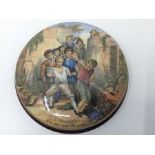 A Prattware pot lid cover depicting: The Wolf and the Lamb, 10cm diam, mounted Ref no: 361, page