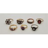 Six various gem stone set gold rings, to include: An 18ct. gold, amethyst and seed pearl ring,