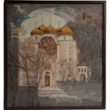Russian School, "Russian Orthodox church", a painting on silk, with applied printed label verso