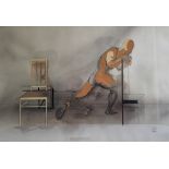 Russian School (late 20th century), "Man with chairs", mixed media futuristic painting, signed and