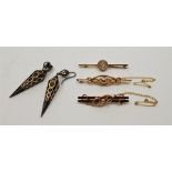 A pair of Victorian pique work tortoiseshell drop earrings, together with a 15ct. gold bar brooch