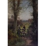 George Gray (Scottish Fl.1866-1910),"Young girls crossing a stile", oil on canvas, signed lower