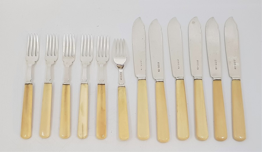 A matched part set of old English pattern silver flatware for six, to include; six each silver table - Image 2 of 2