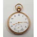 A 9ct gold pocket watch, crown wind, having white enamel Arabic numeral dial and subsidiary Arabic