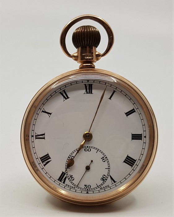 A 9ct. gold pocket watch, crown wind, having white enamel Roman numeral dial with subsidiary