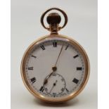 A 9ct. gold pocket watch, crown wind, having white enamel Roman numeral dial with subsidiary