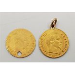 Two 1856 Napoleon III gold 5 franc coins, Paris mint, one pierced the other with mount as pendants