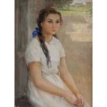 A Russian school , a three quarter length portrait of a young lady wearing a  white dress, oil on