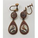 A pair of 19th century Grand Tour interest precious yellow metal mounted micro mosaic drop earrings,