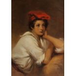 Continental School (19th century), a half length portrait of a young woman wearing a red hat, oil on