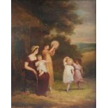 English School (early 19th century), "Seated lady with children dancing to a tambourine", oil on