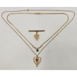 A 9ct. gold and sapphire pendant choker necklace, the pendant having having pendelque cut central