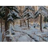 Russian School, "Pine forest under blanket of snow", oil on canvas, inscribed in Cyrillic verso