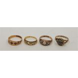 Four antique rings, to include; a Victorian 15ct. gold, sapphire and seed pearl ring, gypsy set