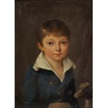 English School (early 19th century), a half length portrait of boy wearing blue jacket with a