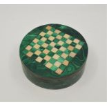 **AWAY**A brass and malachite circular chess box, diameter 14.3cm.