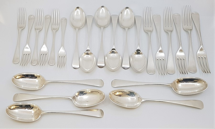 A matched part set of old English pattern silver flatware for six, to include; six each silver table