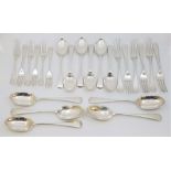 A matched part set of old English pattern silver flatware for six, to include; six each silver table